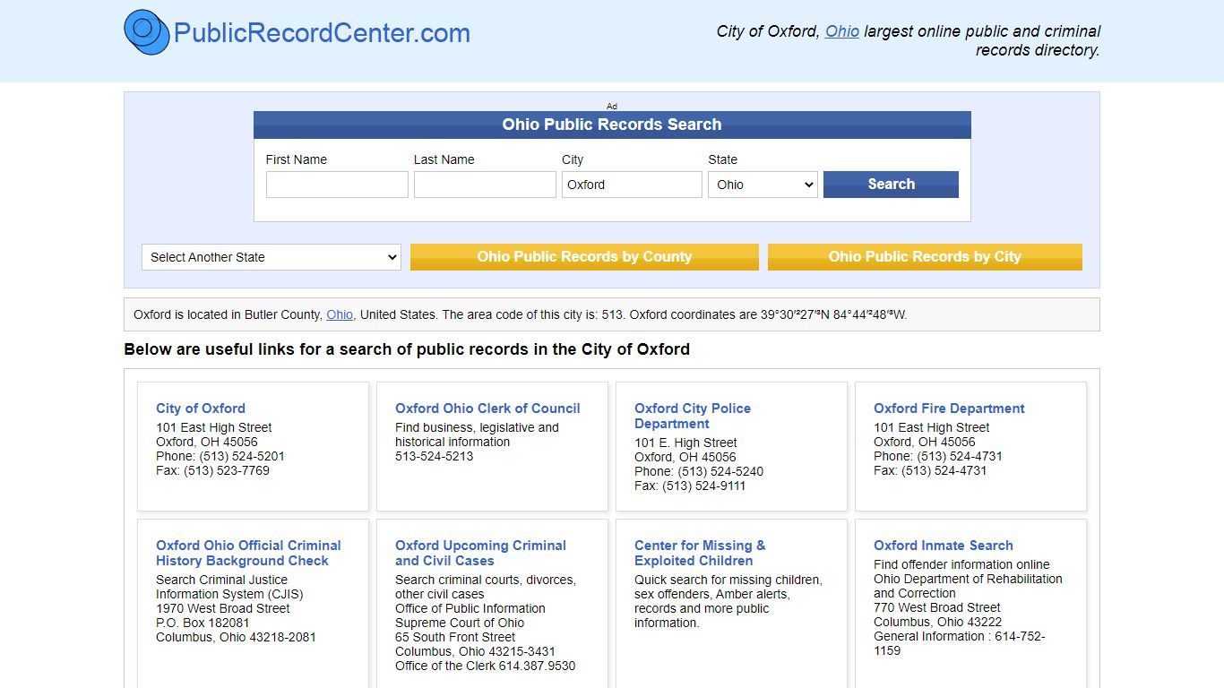 Oxford, Ohio Public Records and Criminal Background Check