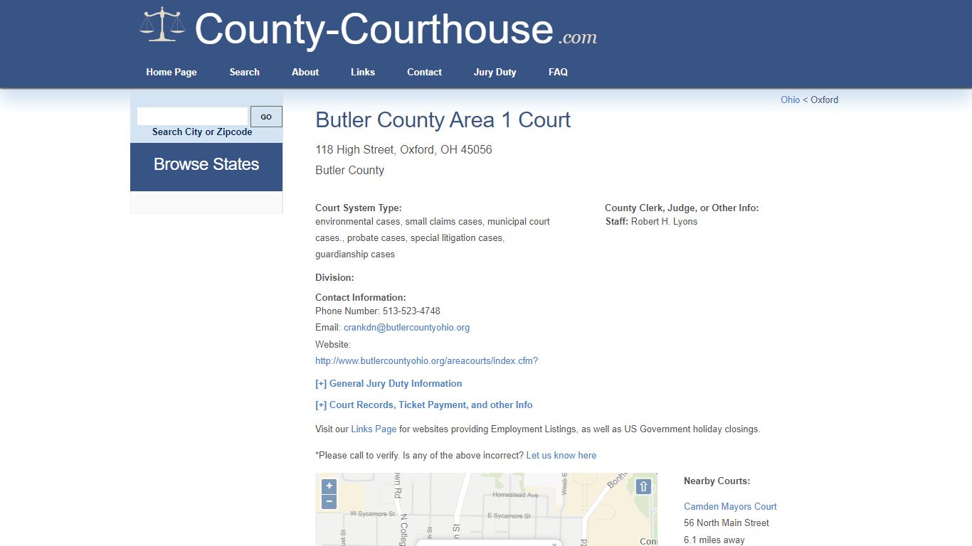 Butler County Area 1 Court in Oxford, OH - Court Information